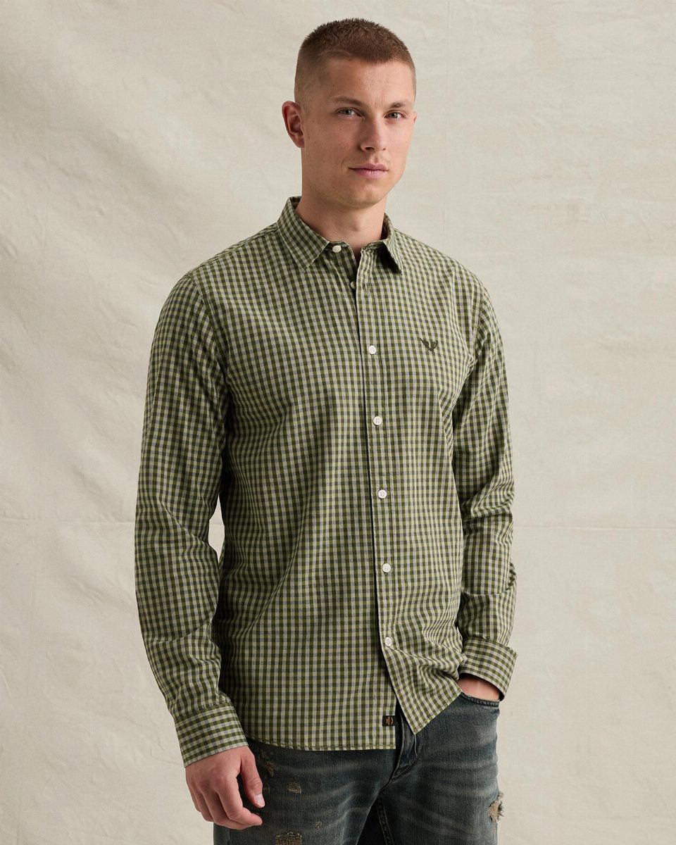 Overhemd met ruitpatroon en geborduurd logo – loden green