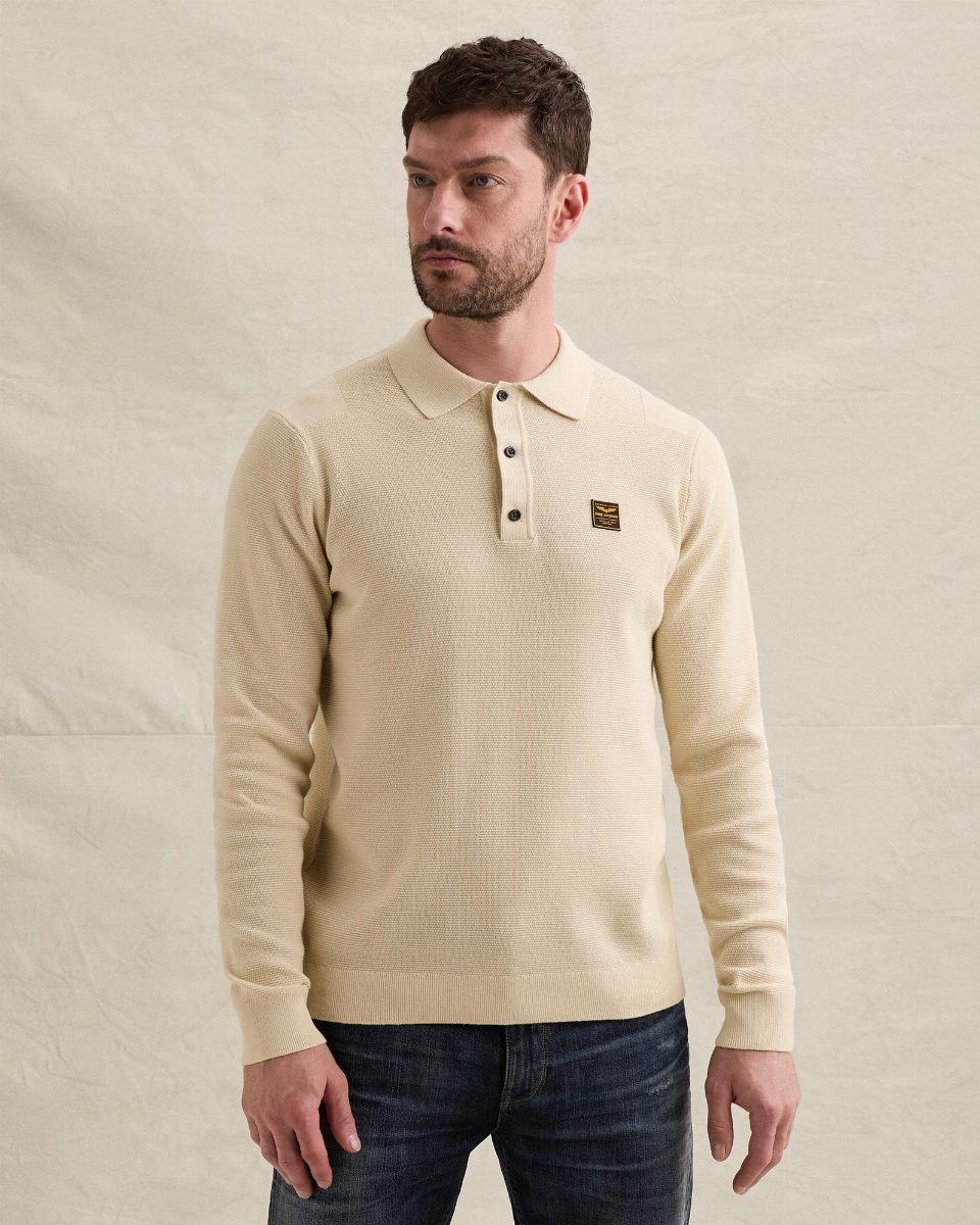Gebreide polo met lange mouwen en badge – bone white