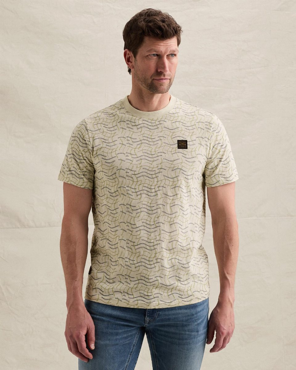 T-shirt van slub jersey met allover print en badge – bone white