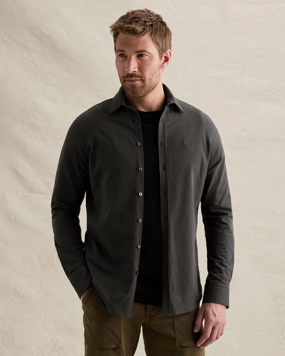 Jersey overhemd met streeppatroon en borduursel – obsidian