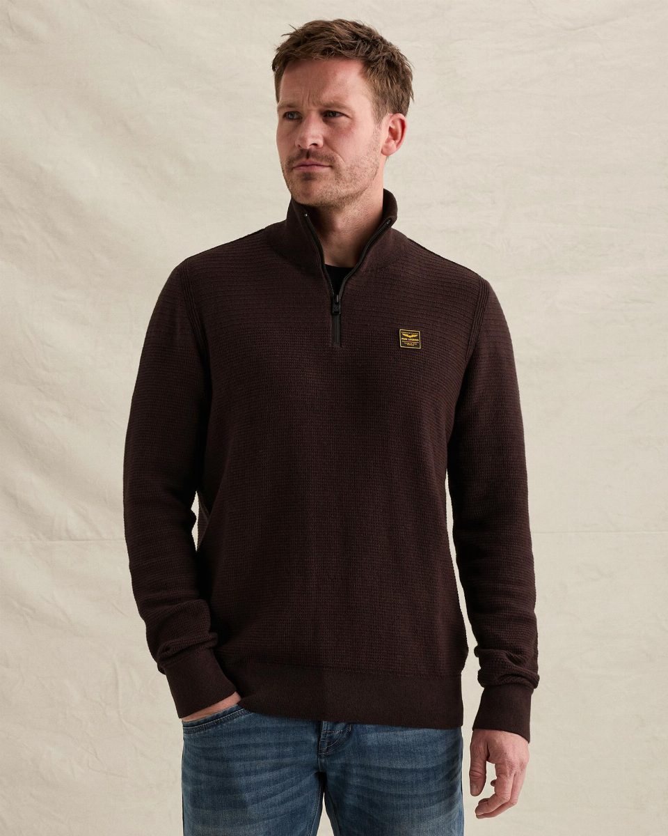 Trui van 100% katoen mouliné met halve rits – dark aubergine