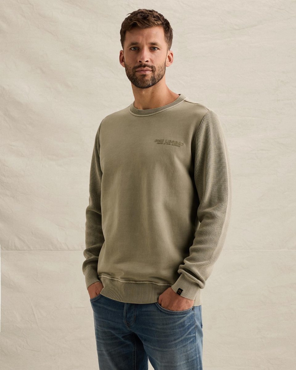 Sweatshirt met gebreide mouwen en print – stone green