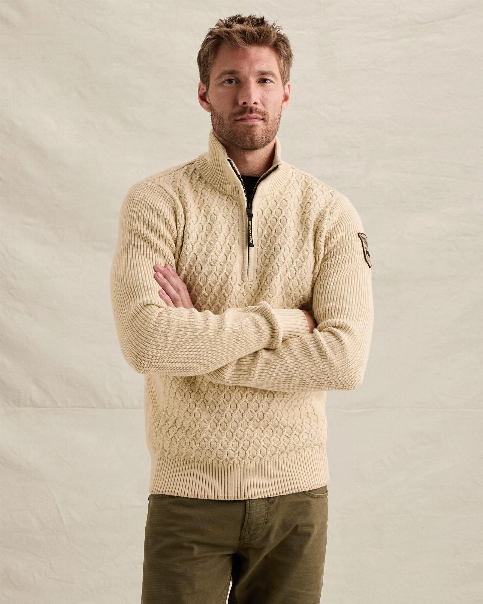 Trui met halve rits en verschillende structuren – bone white