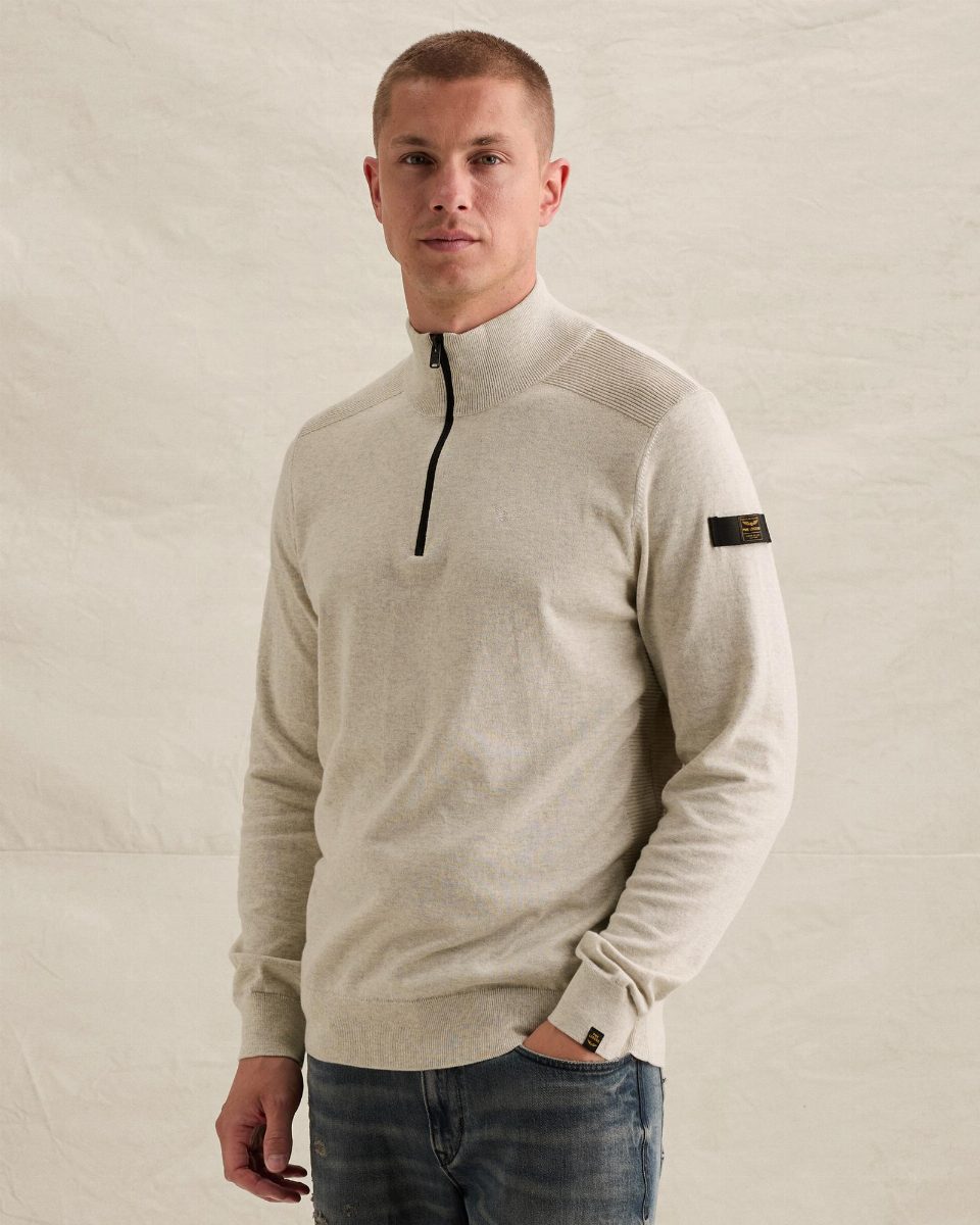 Trui van 100% katoen met halve rits – bone white