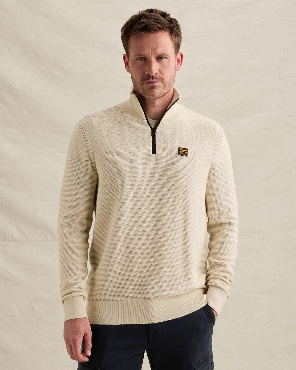 Trui van 100% katoen mouliné met halve rits – bone white