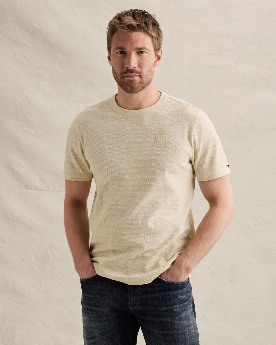 T-shirt met streeppatroon en wafelstructuur – bone white