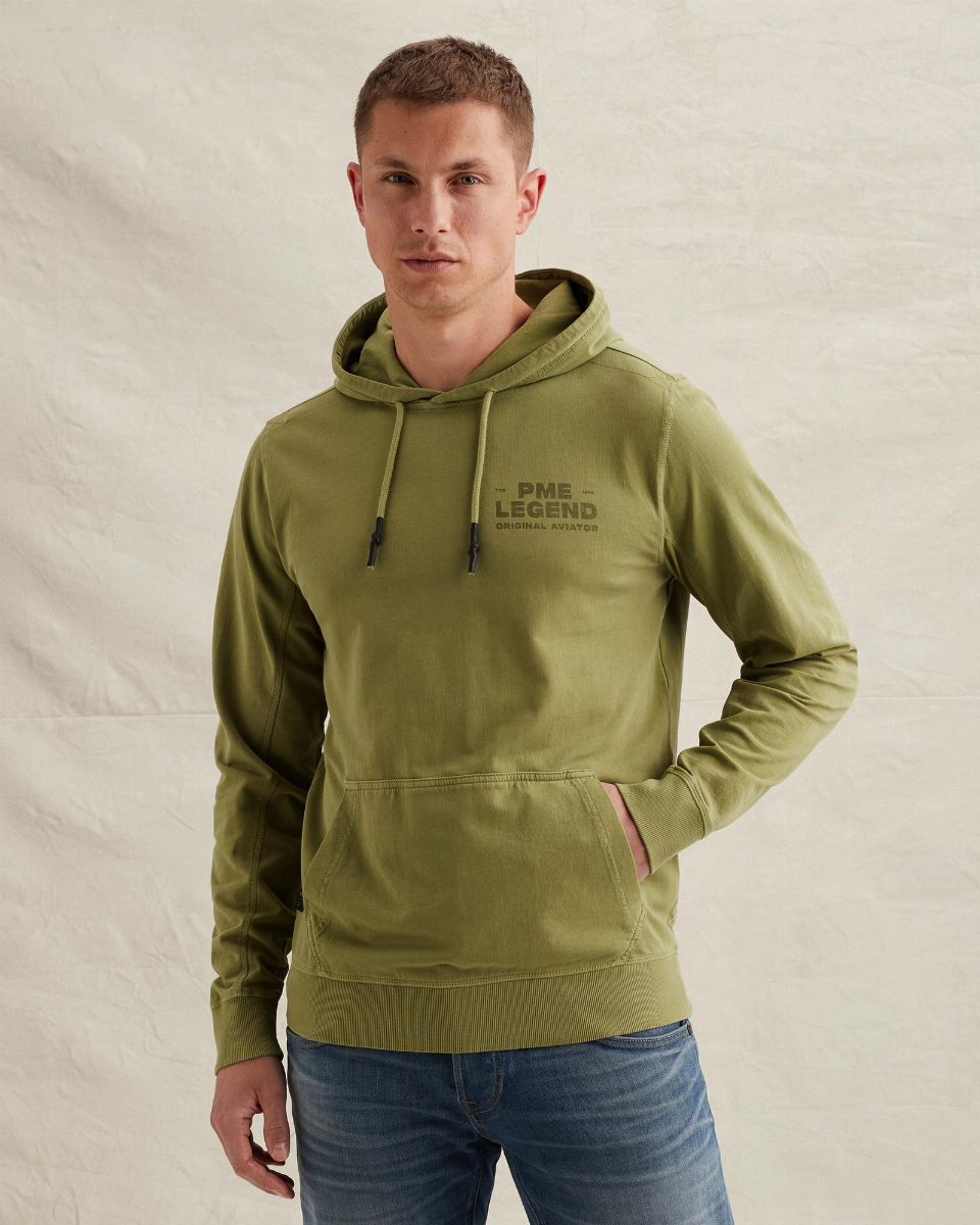 Hoodie met garment-dye wassing en artwork – mosstone