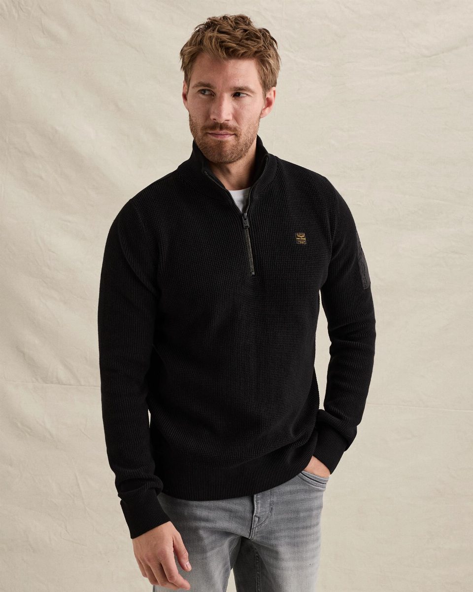 Trui met flight pocket en halve rits – black