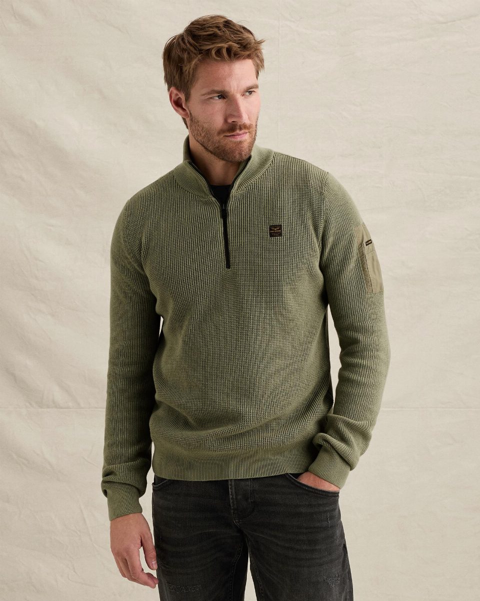 Trui met flight pocket en halve rits – oil green