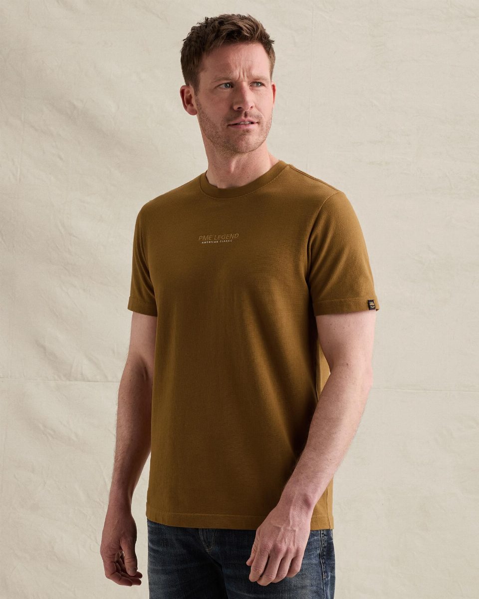 T-shirt met klein artwork en wafelstructuur – golden brown