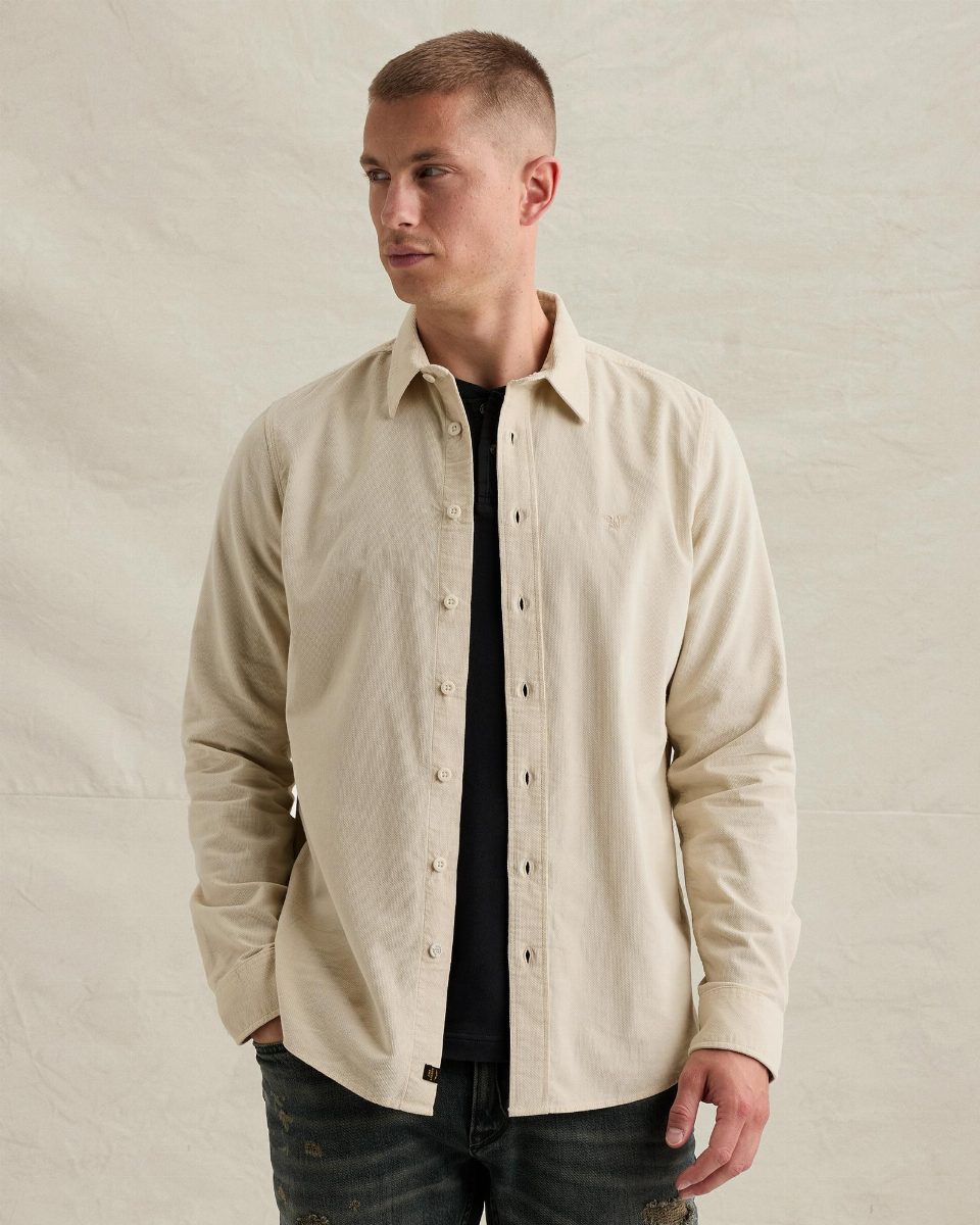 Corduroy overhemd met borduursel op de borst – bone white