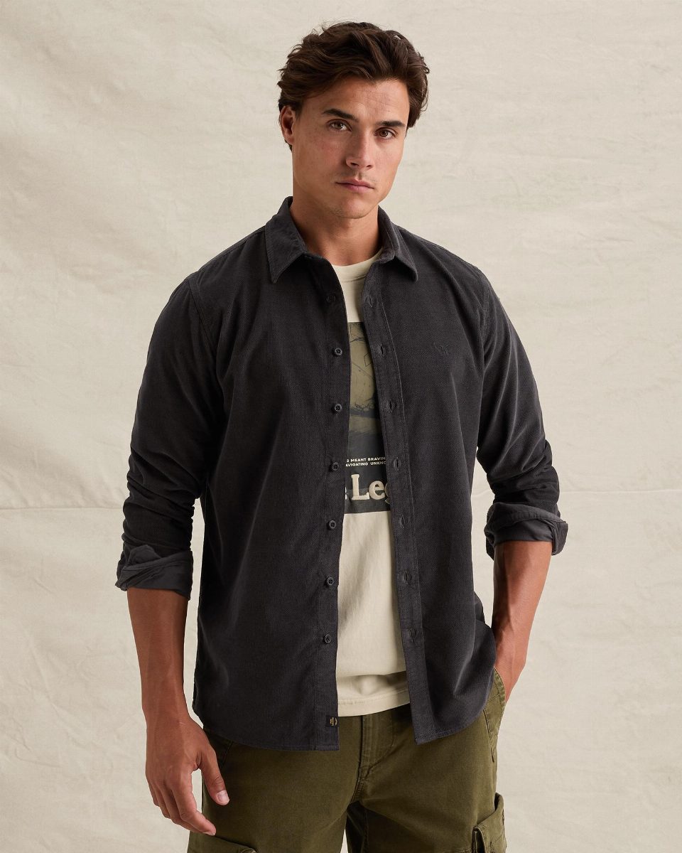 Corduroy overhemd met borduursel op de borst – obsidian