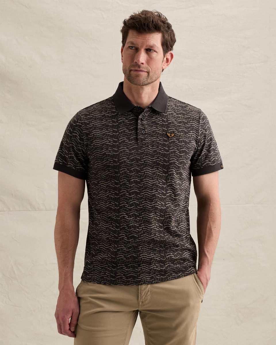Polo van 100% katoen met allover print – obsidian