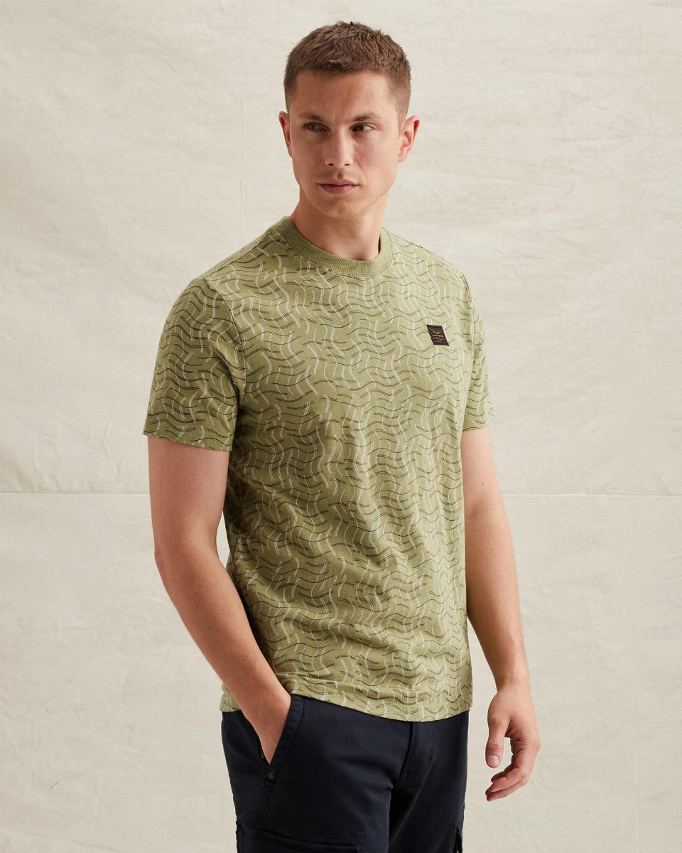 T-shirt van slub jersey met allover print en badge – mosstone