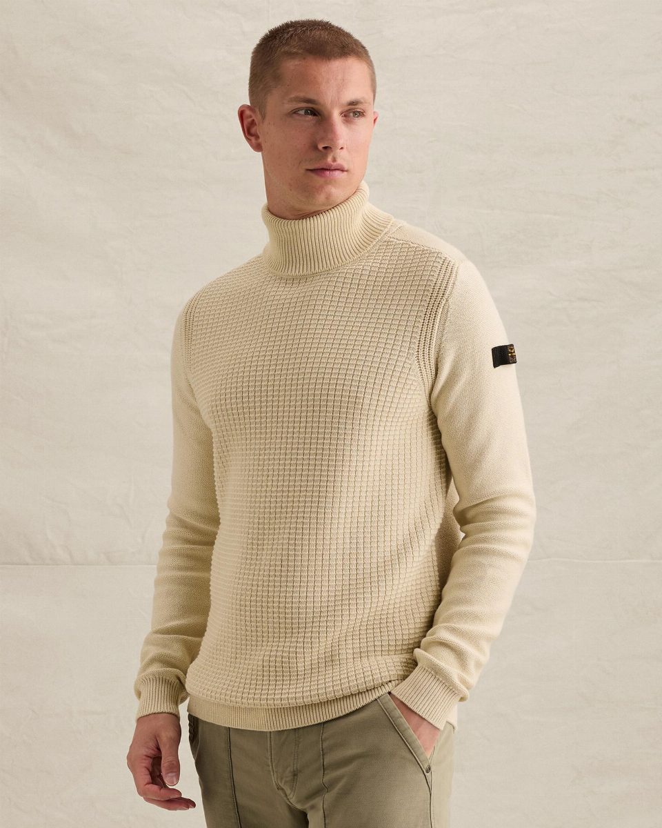 Trui van 100% katoen met hoge kraag – bone white