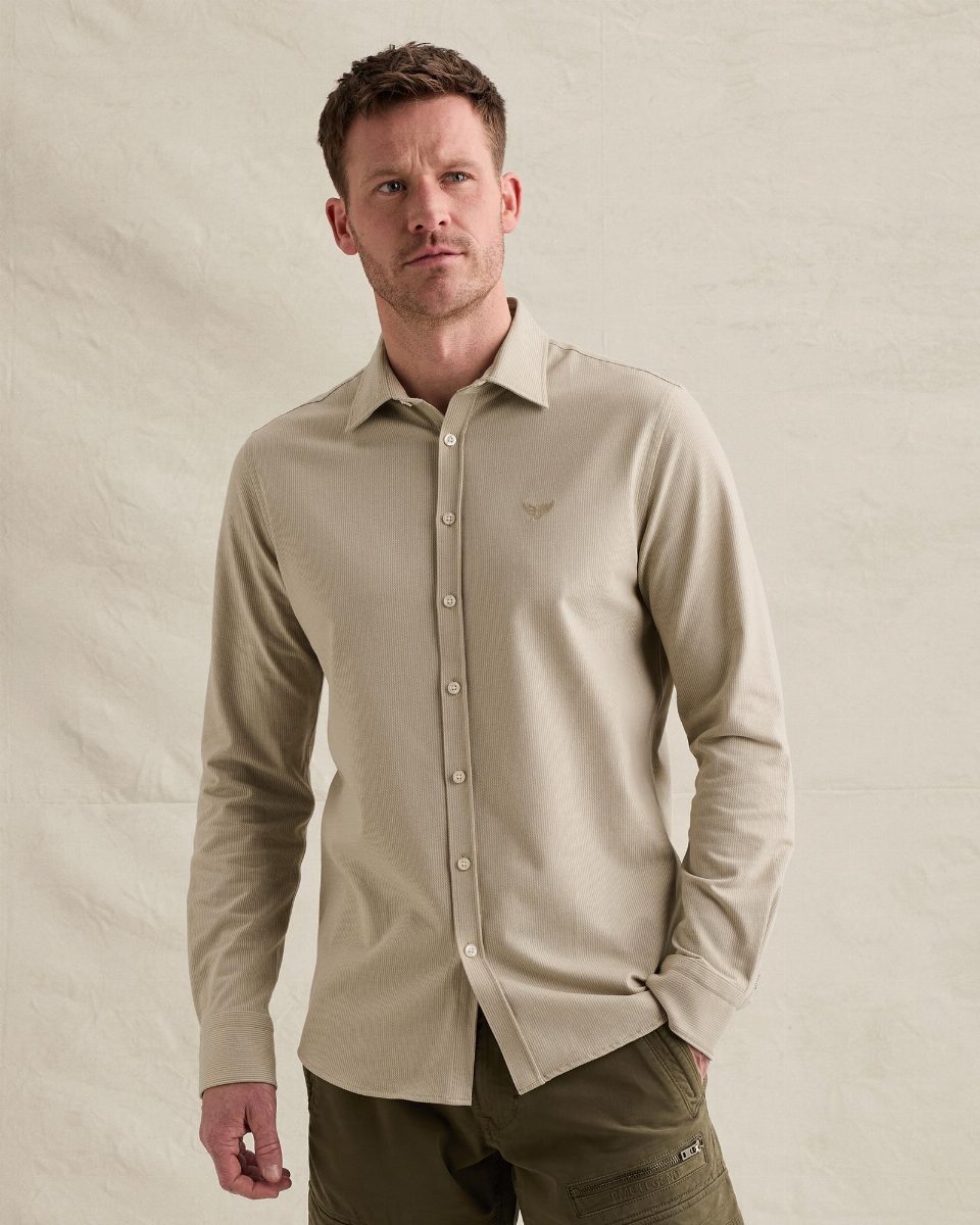 Jersey overhemd met streeppatroon en borduursel – stone green