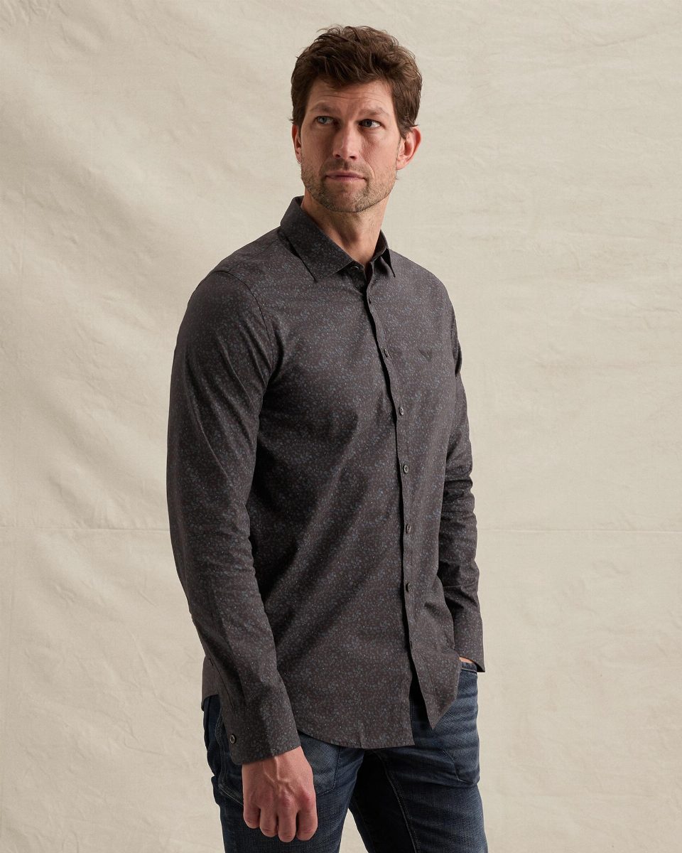Poplin overhemd met allover print en borduursel – obsidian