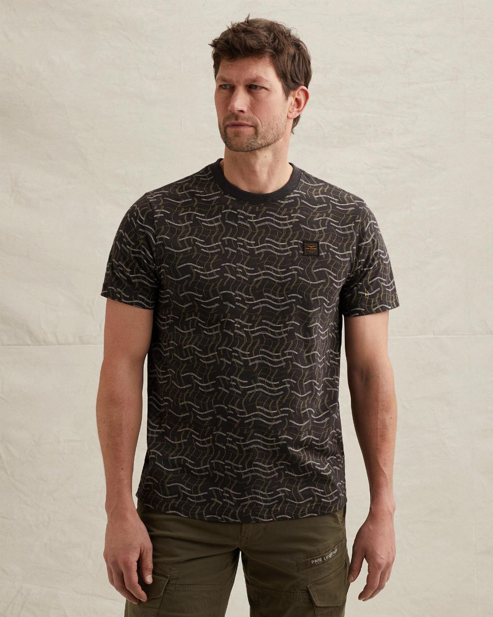 T-shirt van slub jersey met allover print en badge – obsidian
