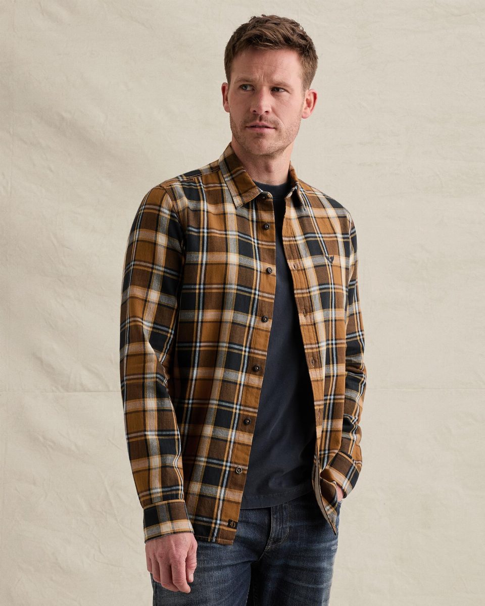 Overhemd met lumberjack ruitpatroon en geborduurd logo – golden brown