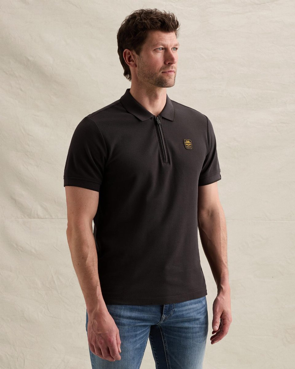 Polo van piqué met ritssluiting – obsidian